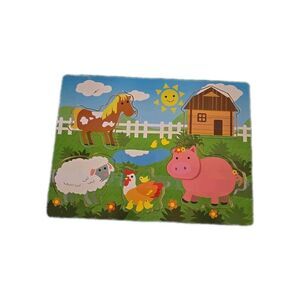 Happy Farm Animals Real Wood Puzzle Horse Sheep Chicken Pig Barn Large 5 Pieces